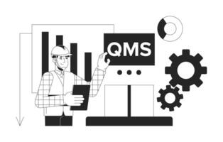 Quality management system in manufacturing black and white 2D illustration concept. Improving factory processes productivity. QMS manager outline character isolated. Metaphor monochrome art vector