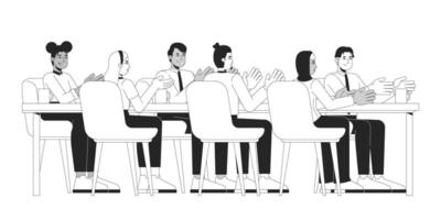Multicultural colleagues clapping applauding at table black and white 2D line characters. Teamwork meeting. Applause business adults isolated outline people. Monochromatic spot illustration vector