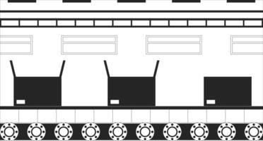 Conveyor belt boxes packing automation black and white line illustration. Logistics cardboard box sealing process automatic 2D monochrome backdrop. Assembly operation in manufacturing outline vector