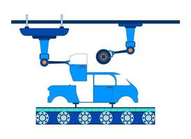Car manufacturing process 2D cartoon object. Factory production line. Robotic arms attaching automobile wheel and door isolated element flat clipart on white background. Spot illustration vector