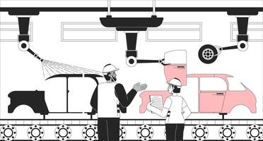 Manufacturing automobile industry black and white line illustration. Auto factory workers supervising assembling motor vehicles 2D characters monochrome background. Automaker process outline vector