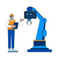 AI technology in manufacturing industry cartoon flat illustration. Robotic artificial intelligence. Smart factory tablet engineer hardhat 2D character isolated on white. colorful image vector