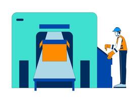 Hardhat worker operating industrial packaging machine 2D cartoon character. Engineer inspecting packing box conveyor system isolated person flat on white background. Spot illustration colorful vector