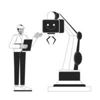 AI technology in manufacturing industry linear illustration. Robotic artificial intelligence. Smart factory tablet engineer hardhat 2D line character isolated on white. Monochrome outline image vector