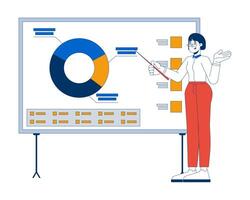 Asian woman manager pointing on pie chart presentation board 2D cartoon character. Female analyst piechart whiteboard isolated person flat on white background. Spot illustration colorful vector