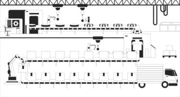 Smart factory black and white line illustration. Automated robotic systems. Logistics distribution warehouse industrial robots 2D interior monochrome backdrop. Mechanized production outline vector