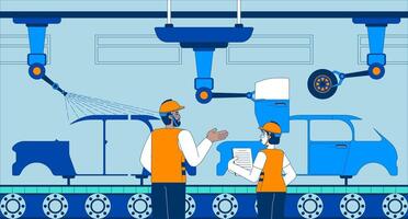 Manufacturing automobile industry flat illustration. Auto factory workers supervising assembling motor vehicles 2D characters cartoon background. Automaker process scene storytelling image vector