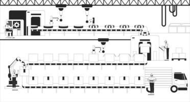 Automotive parts manufacturer black and white line illustration. Human workers monitoring industrial robots 2D characters monochrome background. Robotics factory production lines outline image vector