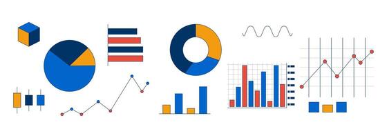 Data visualization charts 2D cartoon objects set. Piechart, bar graphs, scatter plots. Trend analysis diagrams isolated elements flat cliparts on white background. Spot illustrations collection vector