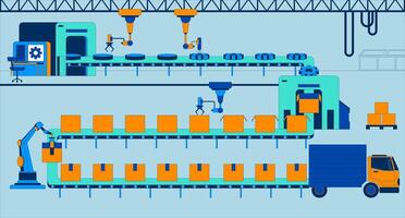 Smart factory flat illustration. Automated robotic systems. Logistics distribution warehouse industrial robots 2D interior cartoon background. Mechanized production and assembly scene image vector