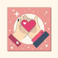 isolated hands of girl and guy holding heart on beige background in flat style. vintage romantic art for valentine's day vector