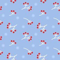 Seamless pattern with cartoon branches with red berries and snowflakes on blue background. Winter pattern for print, fabric, wrapping paper. vector