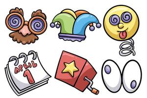 Set of Hand drawn april fools day cartoon element. collection of mask, jester hat, smile face, calender, surprise box, eyes Isolated vector