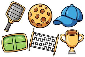 Set of Hand drawn pickle ball game element. collection of bat, ball, hat, net, trophy Isolated vector