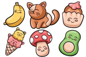 Set of Hand drawn kawaii element. collection of banana, cat, cupcakes, ice cream, mushroom, avocado Isolated vector
