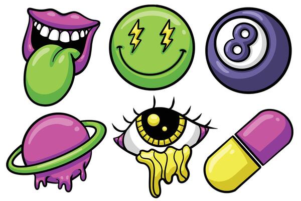 Set of Hand drawn acid rave element. collection of lips tongue, smiley face, eight ball, pill Isolated