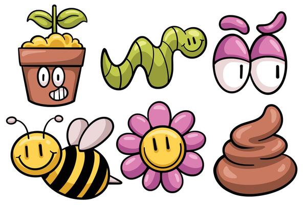 Set of Hand drawn trendy cartoon element. collection of plant in pot, worm, eyes, bee, flower, Isolated