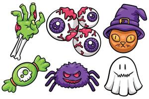Set of Hand drawn halloween element. collection of zombie hand, eyes, witch cat, skull candy, spider, ghost Isolated vector