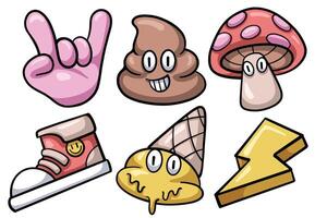Set of Hand drawn trendy cartoon element. collection of Cool hand, , mushroom, sneakers, drop ice cream, lightning Isolated vector