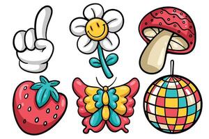 Set of Hand drawn groovy 70's element. collection of one finger, flower, mushroom, strawberry, butterfly, disco ball Isolated vector