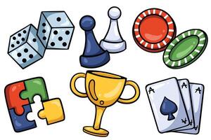 Set of Hand drawn board game element. collection of dice, chess, chips, puzzle, trophy, card Isolated vector