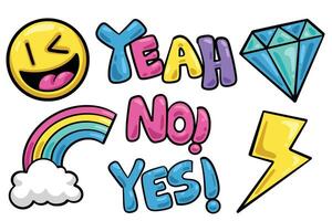 Set of Hand drawn funny lol stickers element. collection of smile face, yeah, diamond, rainbow cloud, no, yes, thunder Isolated vector