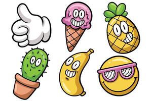 Set of Hand drawn trendy cartoon element. collection of thumb up, Ice cream, pineapple, cactus, banana, smile face Isolated vector