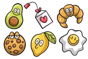 Set of Hand drawn trendy cartoon element. collection of avocado, tea, croissant, Chip Cookie, lemon, egg Isolated vector