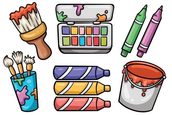 Set of Hand drawn creative and art element. collection of brush, watercolor, marker, crayons, paint pot Isolated