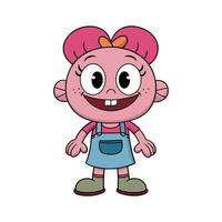 A cartoon character with pink skin, large eyes, red hair adorned with a bow, and a toothy grin, dressed in blue overalls and shoes, set against a white background. vector