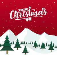 christmas greeting with trees and snow on a red background vector