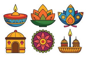 Colorful Diwali decorations featuring traditional designs and symbols vector