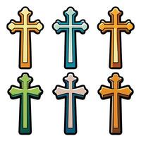Different Christian cross designs in vibrant colors with black outline vector