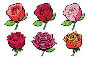 Vibrant rose set with black outlines in various colors isolated vector