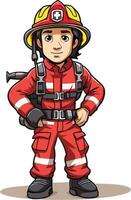 Young firefighter character in red uniform with accessories vector