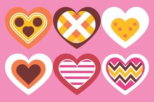Colorful hearts in various patterns on a pink background vector