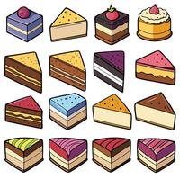 Delicious assortment of slice cakes with colorful designs vector