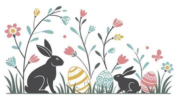 Easter border featuring bunnies and decorated eggs on white background vector