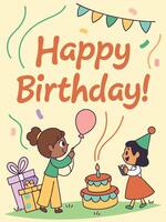 Fun birthday party scene with kids celebrating special day vector