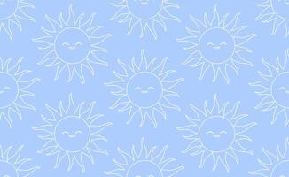 Seamless pattern of thin lineart of bright smiling suns with simple cartoon-like rays. Soft and cheerful atmosphere, playful design. Vibrant, whimsical, joyful and uplifting children motifs. vector