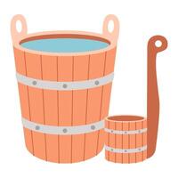 Wooden bucket with water and ladle for sauna. illustration. vector