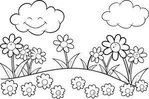 Smiling Cloud, Happy Flowers, Spring Meadow Coloring Page vector