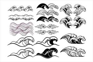 A set of black and white waves and waves vector