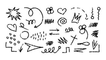 Hand drawn chalk lines, zigzags, waves, arrows, hearts, flower, dots. charcoal smears. Underline pen set. Doodle crayon style sketch lines. Horizontal wavy strokes with rough edges. vector