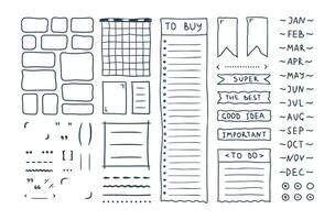 Doodle bullet journal, textbox, simple set. Hand drawn elements, lists, month names, stickers, planner labels. Sketch scribble style. illustration for diary, planner, notebook vector