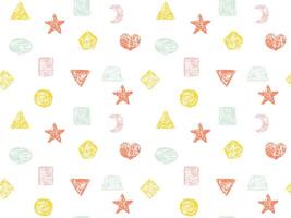 Chalk color square, circle, star seamless pattern. Crayon hand drawn pencil geometrical figures. Charcoal Kids background. Scribble squares. vector