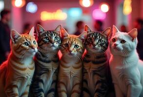 five cats sitting together in a row photo