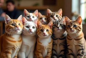 five cats sitting together in a row photo
