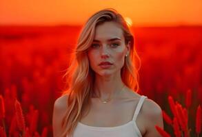 A beautiful blonde woman in a field of red flowers photo