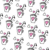 Seamless pattern with mugs of hot drink with hearts, marshmallows and straw in doodle style vector